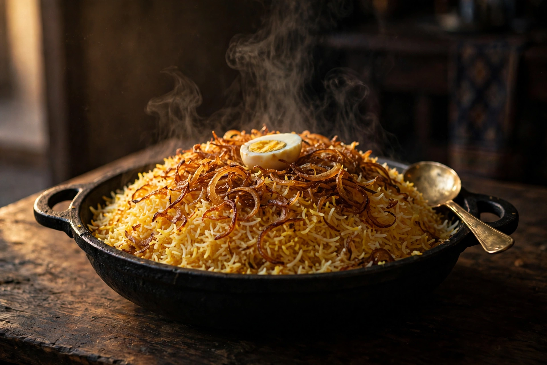 A handi of Hyderabadi biryani with browned onions and a halved egg, steam rising