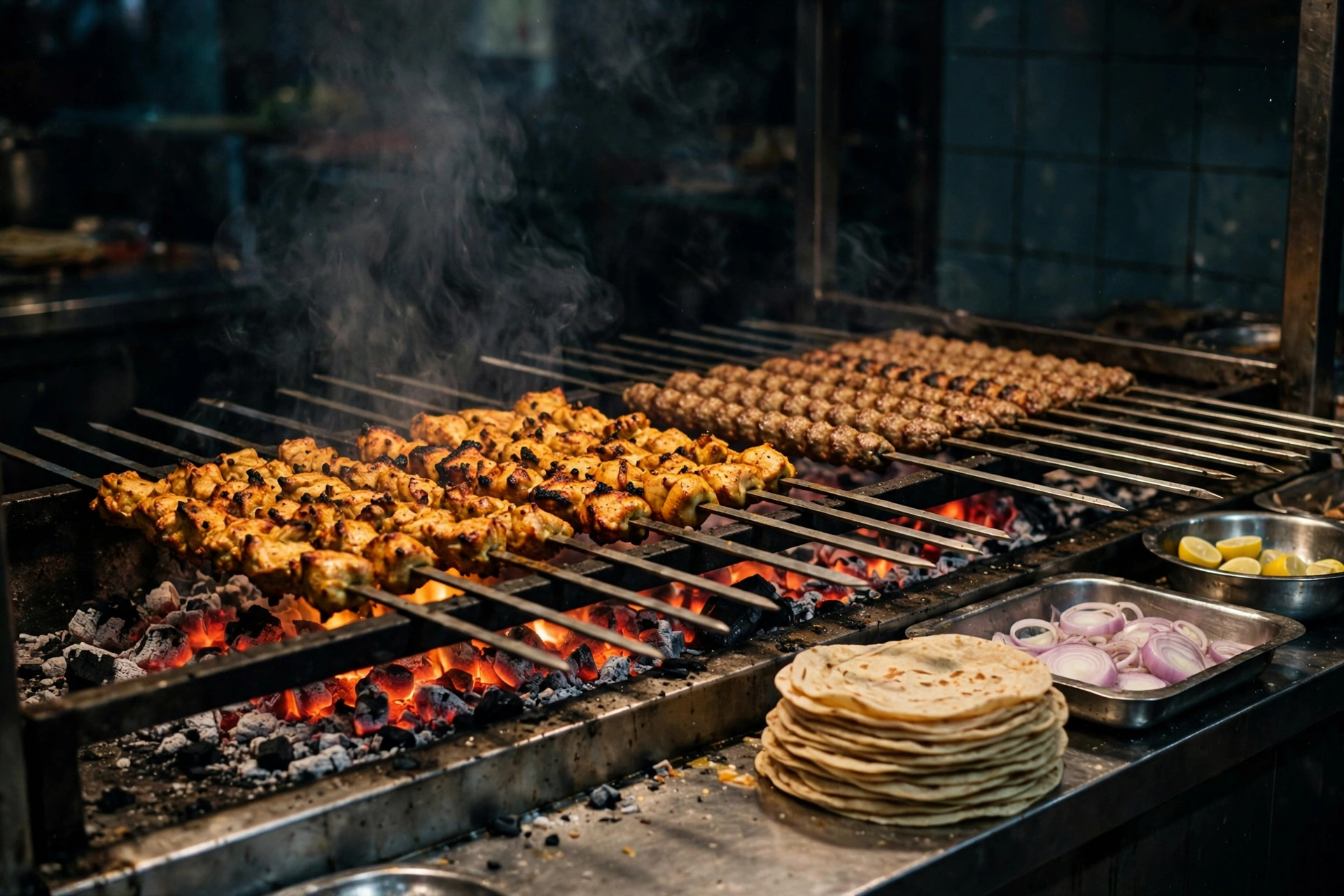 Kebab skewers over the charcoal counter at The Allahabadi