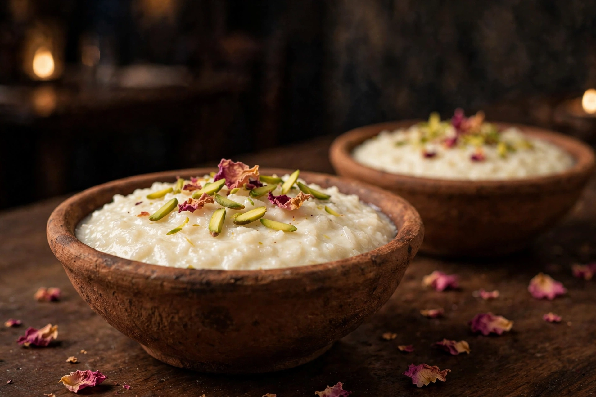 Firni set in earthen bowls with pistachio and rose petals
