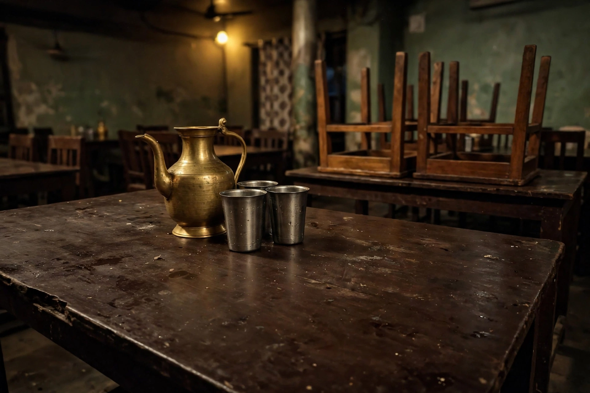 Chairs stacked on tables at closing time with a brass water jug in front