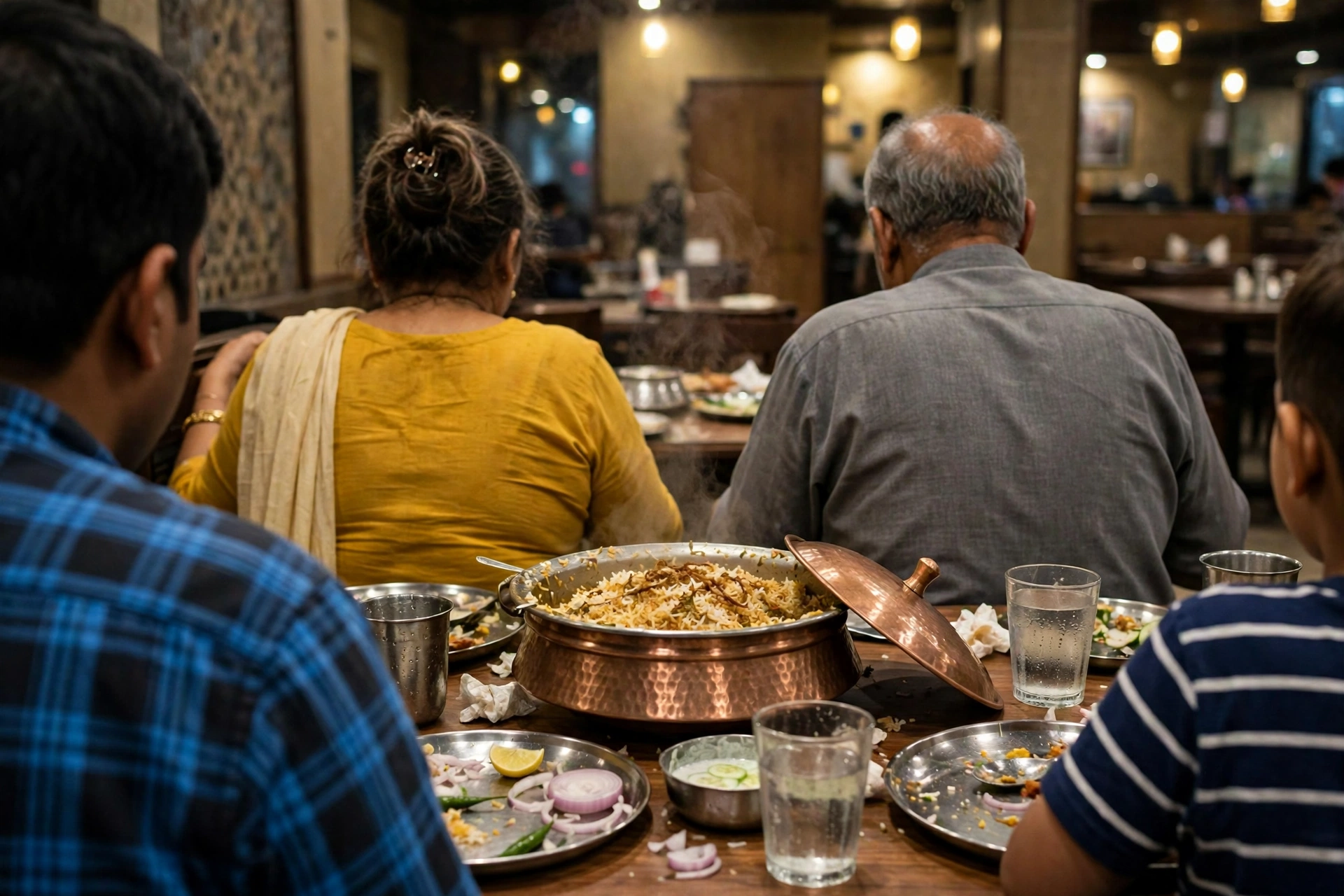 A family sharing a copper handi of biryani, seen from behind