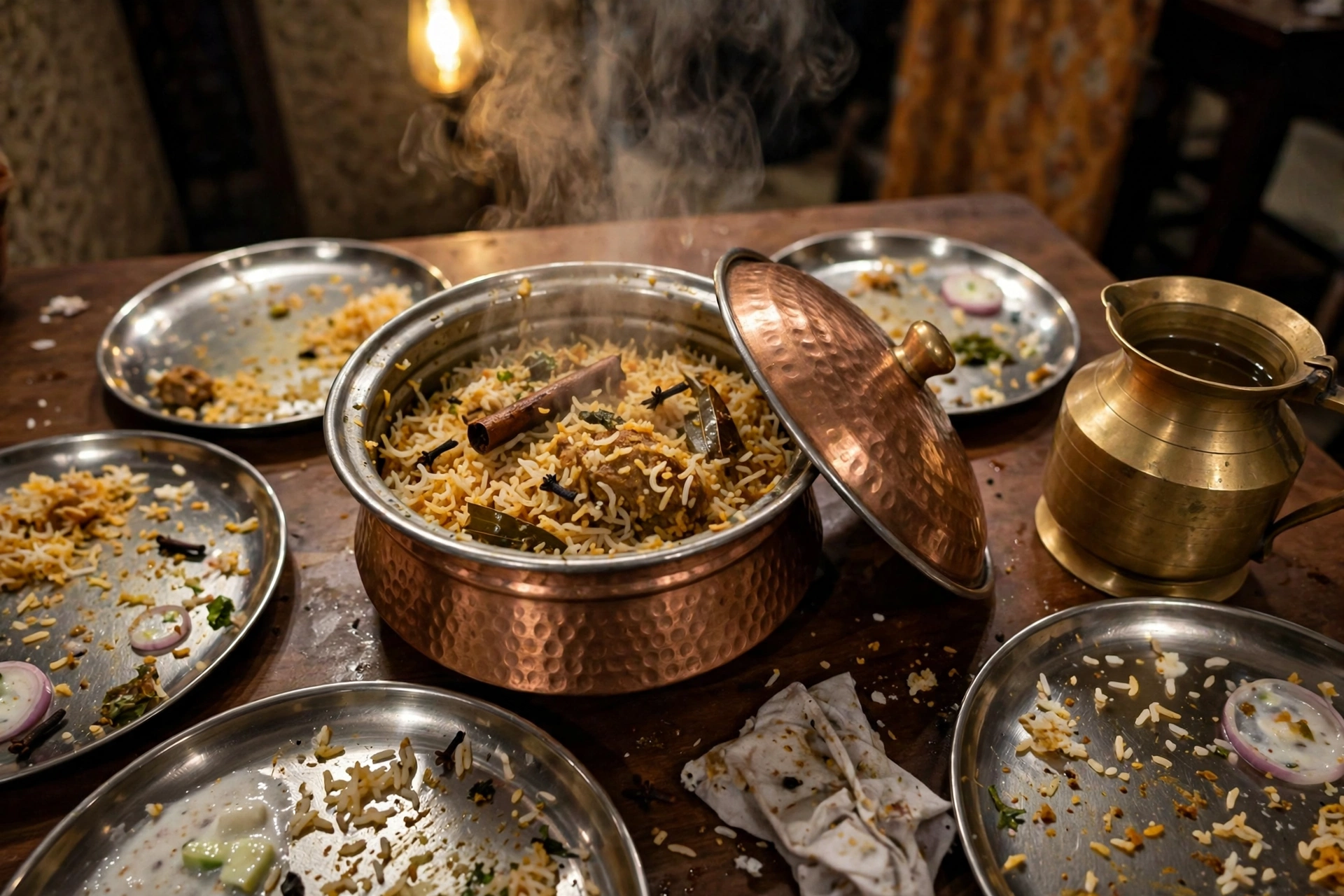 A copper biryani handi mid-meal with steel plates around it