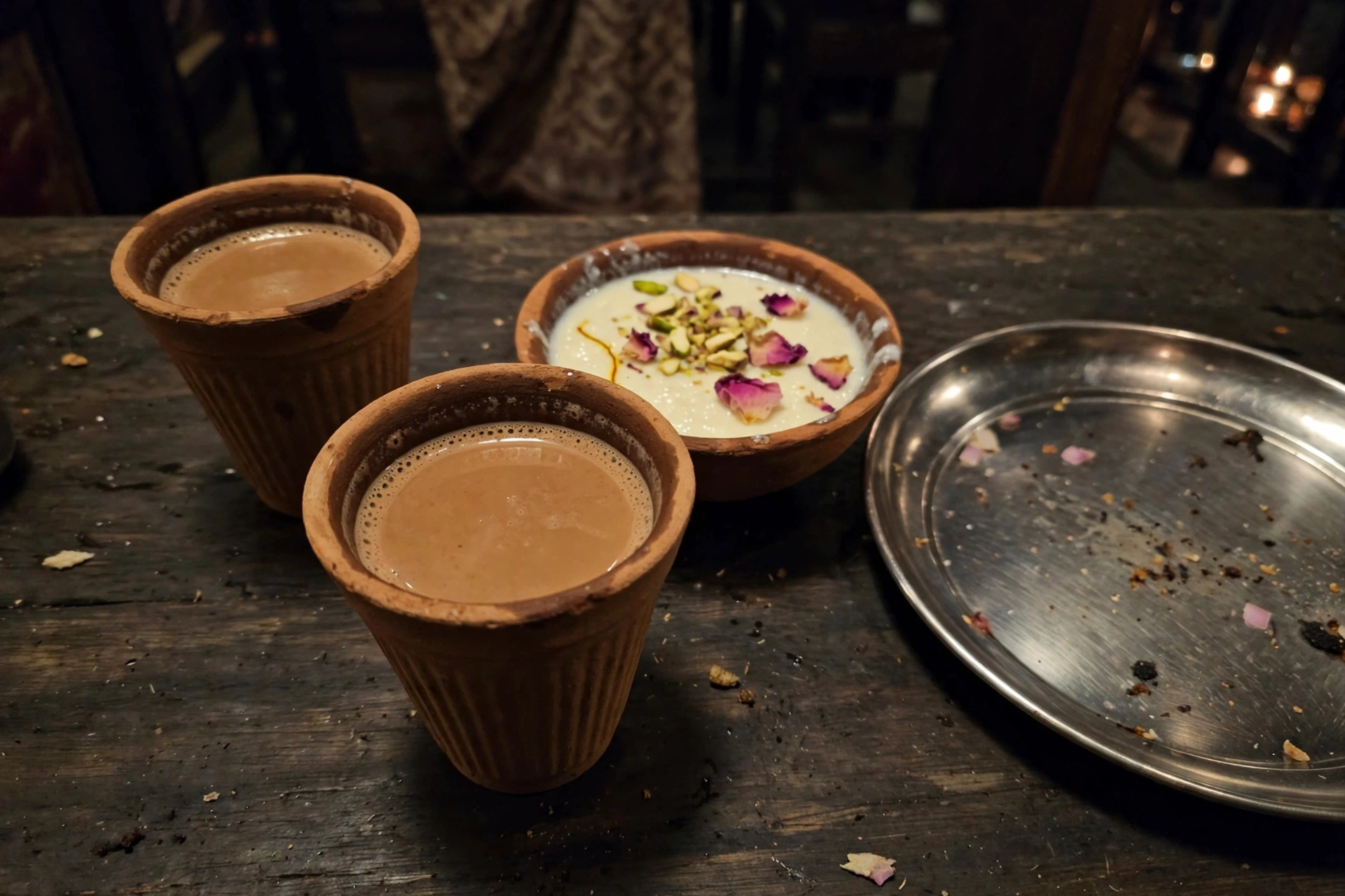 Two kulhad chais and a bowl of firni on a wooden table