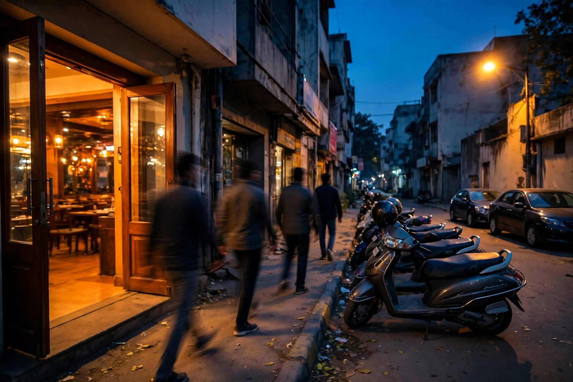 The restaurant lane in Vijay Nagar in the evening with parked scooters