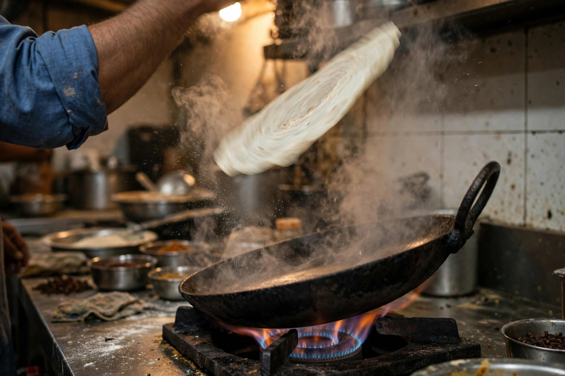 A rumali roti flipped in the air over an iron tawa