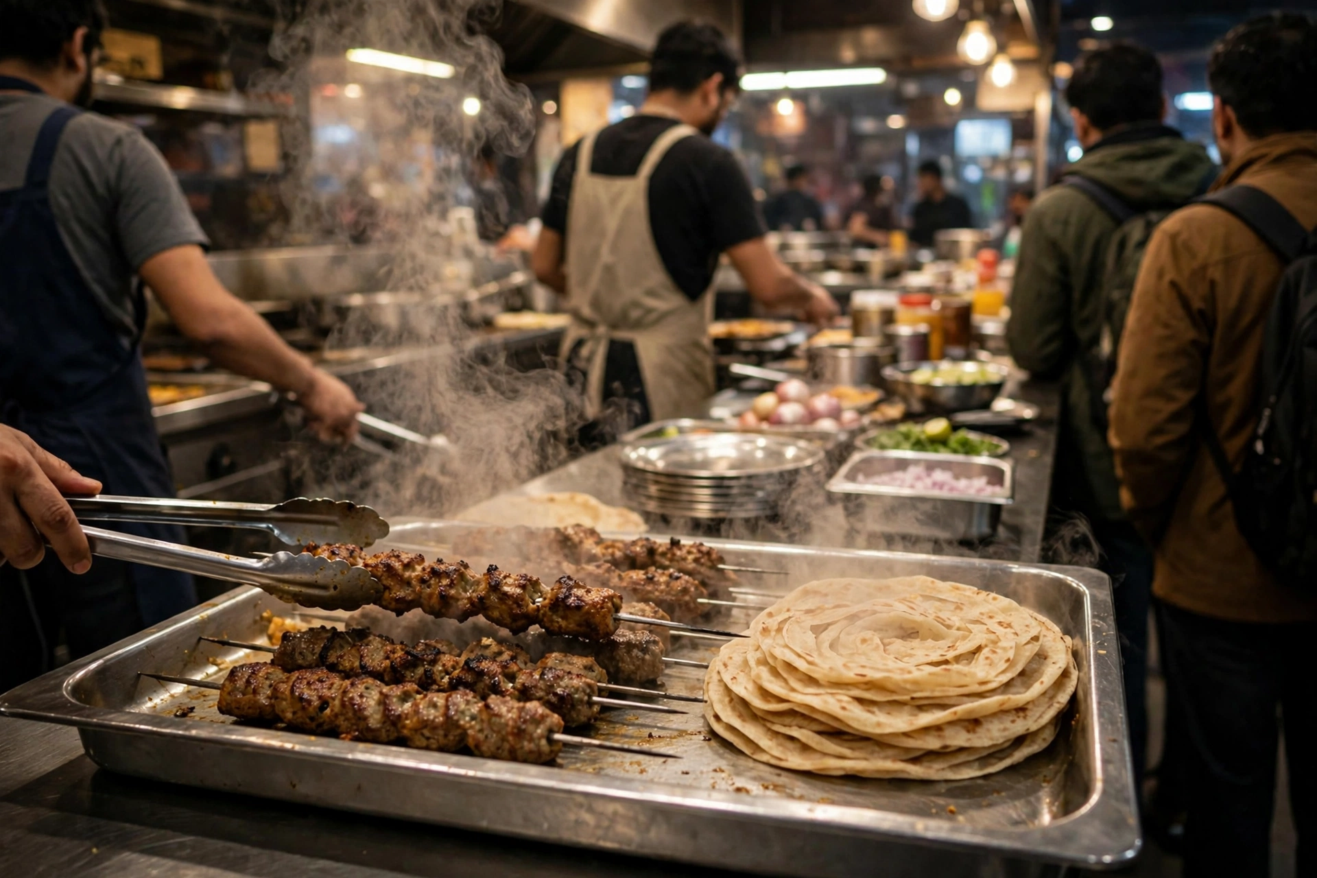 A steel tray of seekh kebabs and rumali rotis at the serving counter