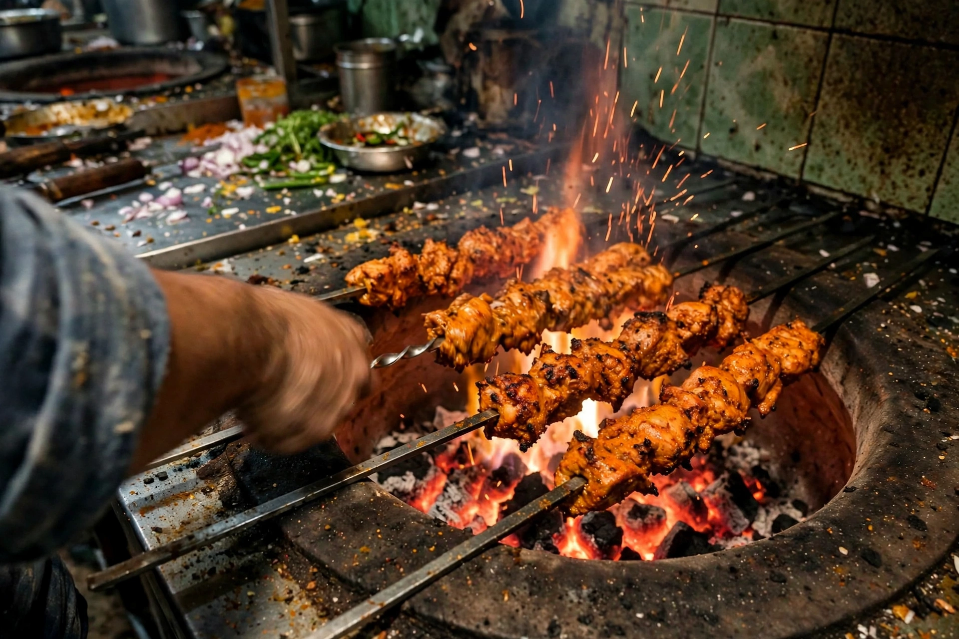 Chicken tikka skewers over glowing charcoal in the tandoor