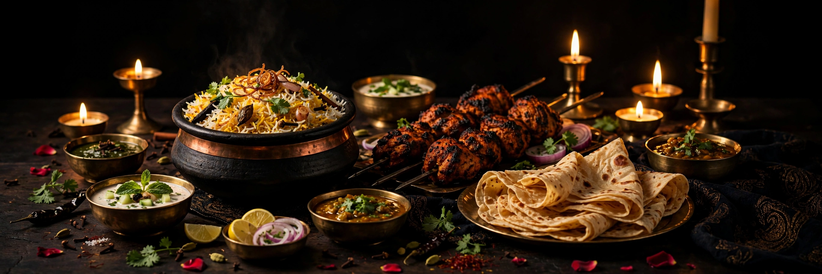 A Mughlai feast at The Allahabadi — biryani handi, kebab skewers and brass bowls by candlelight