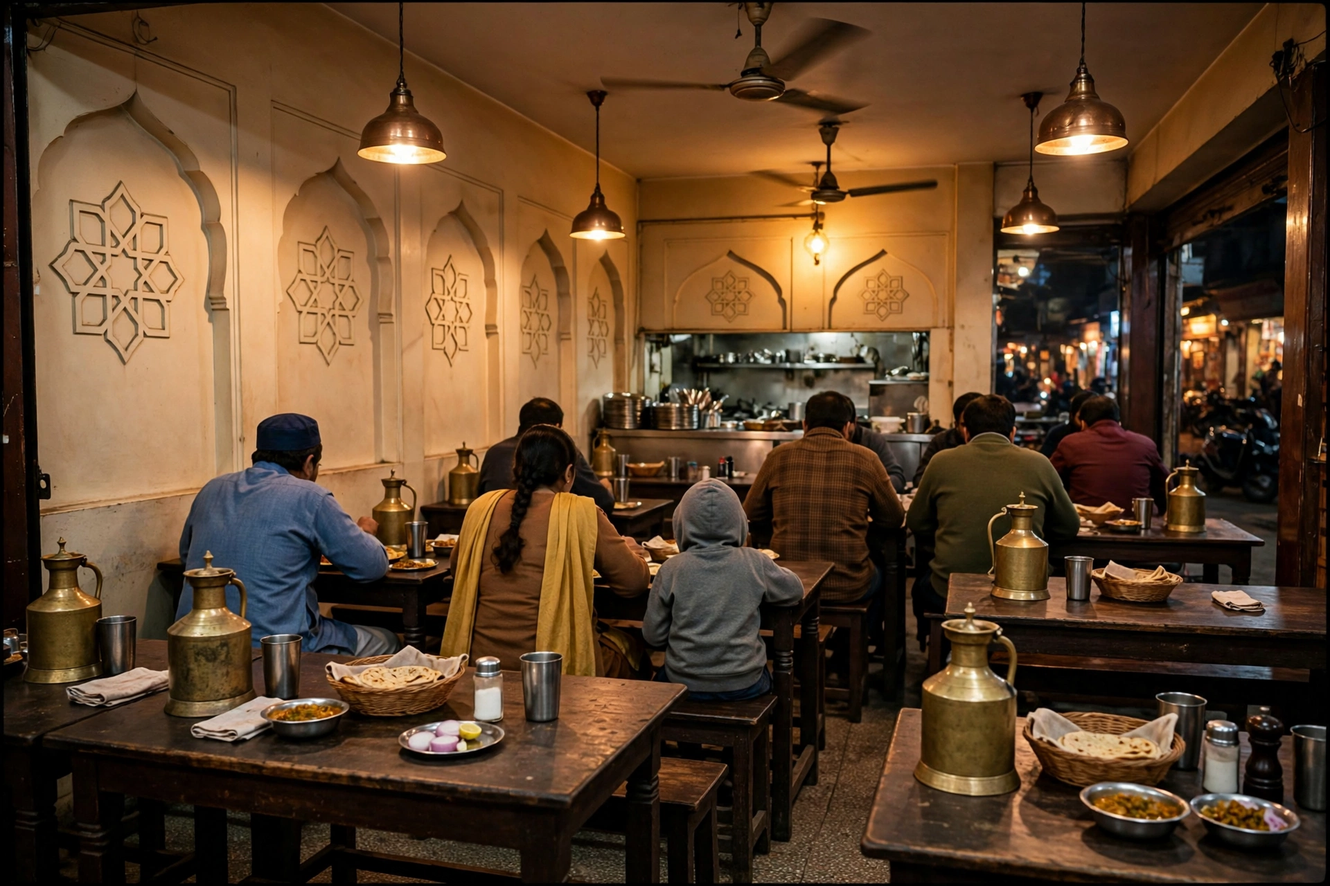 Inside The Allahabadi — families at dark wooden tables under warm pendant lights