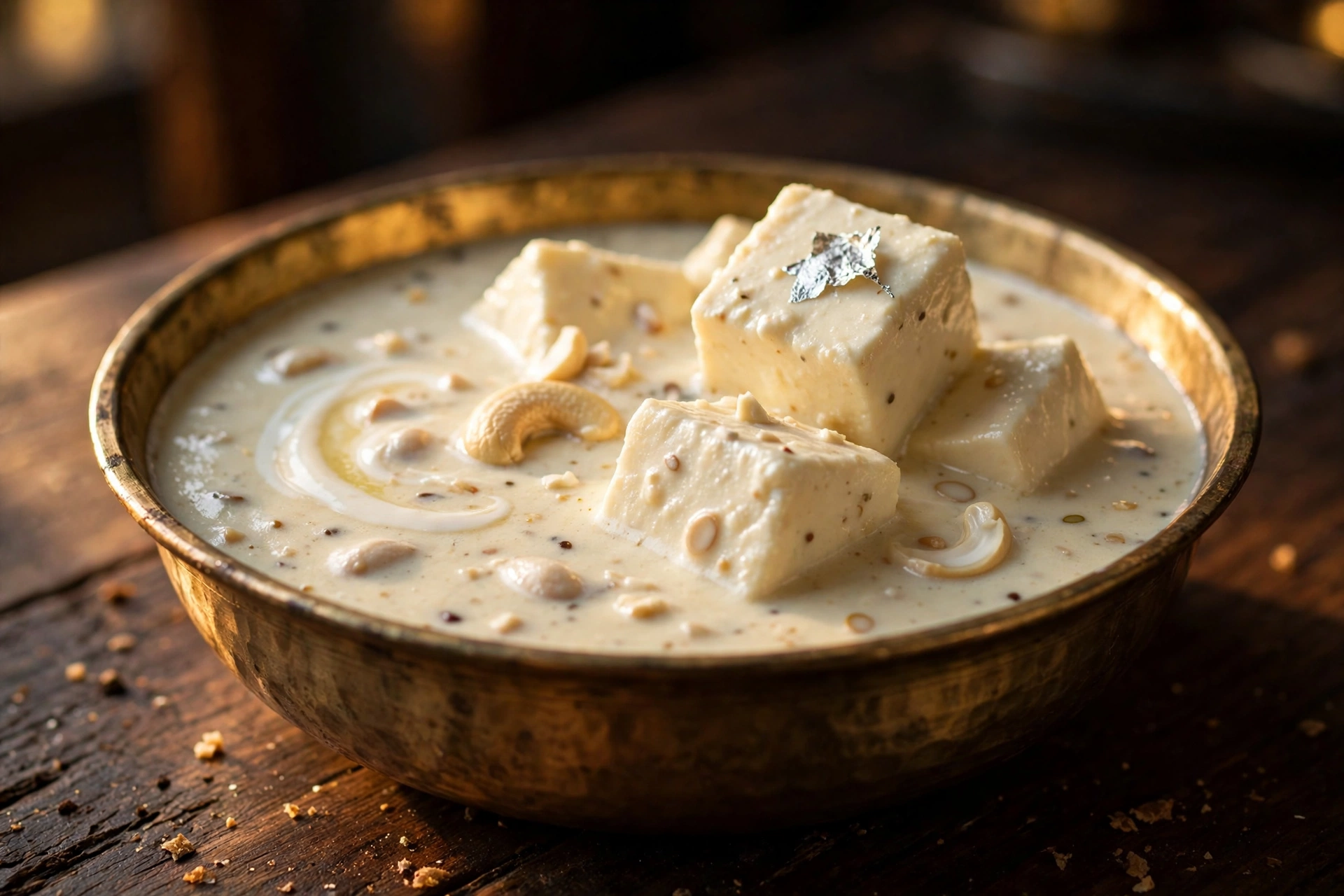 Nawabi paneer in a pale cashew gravy with a silver varq flake