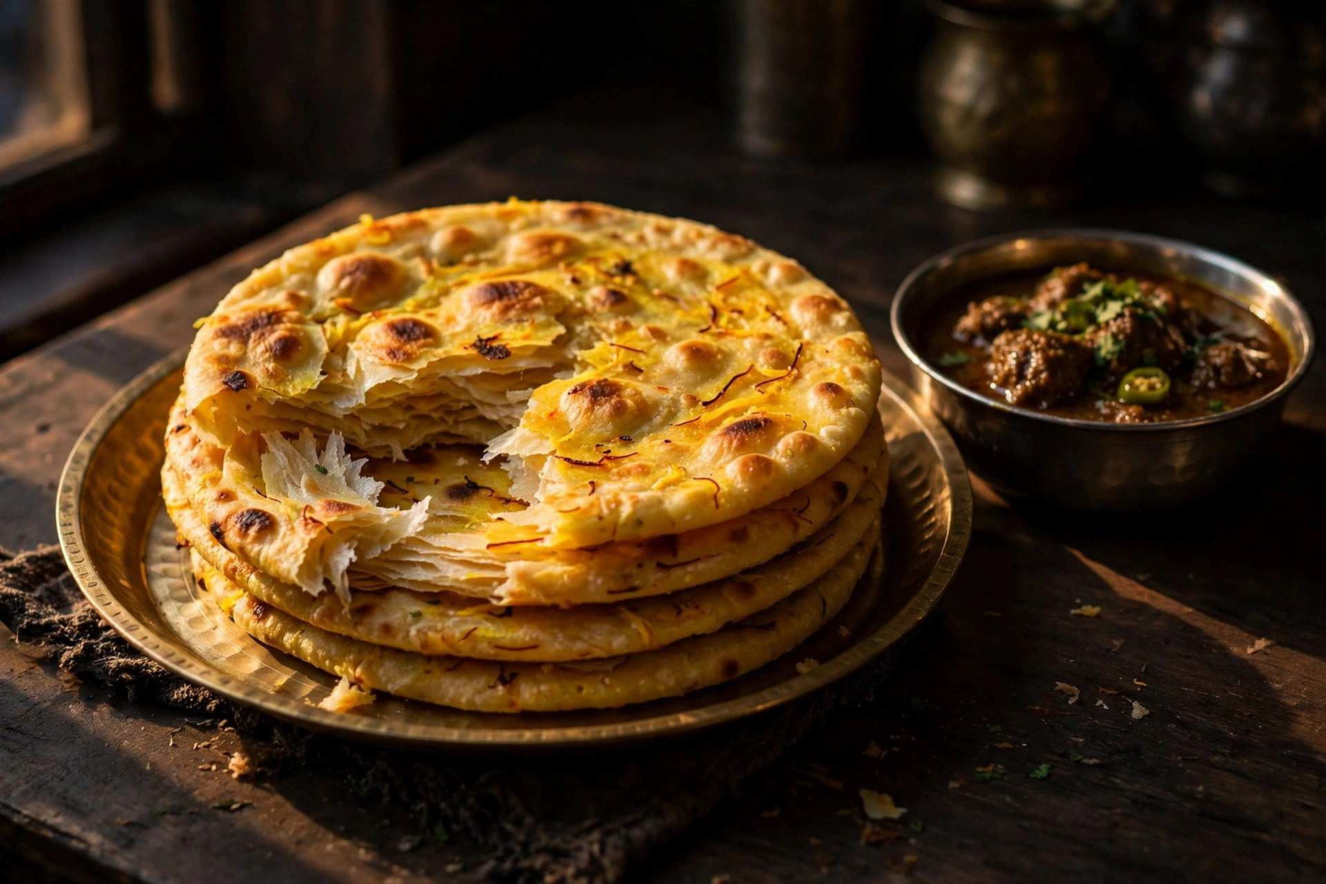 A stack of saffron sheermal, one torn open, with a steel bowl of kebab gravy