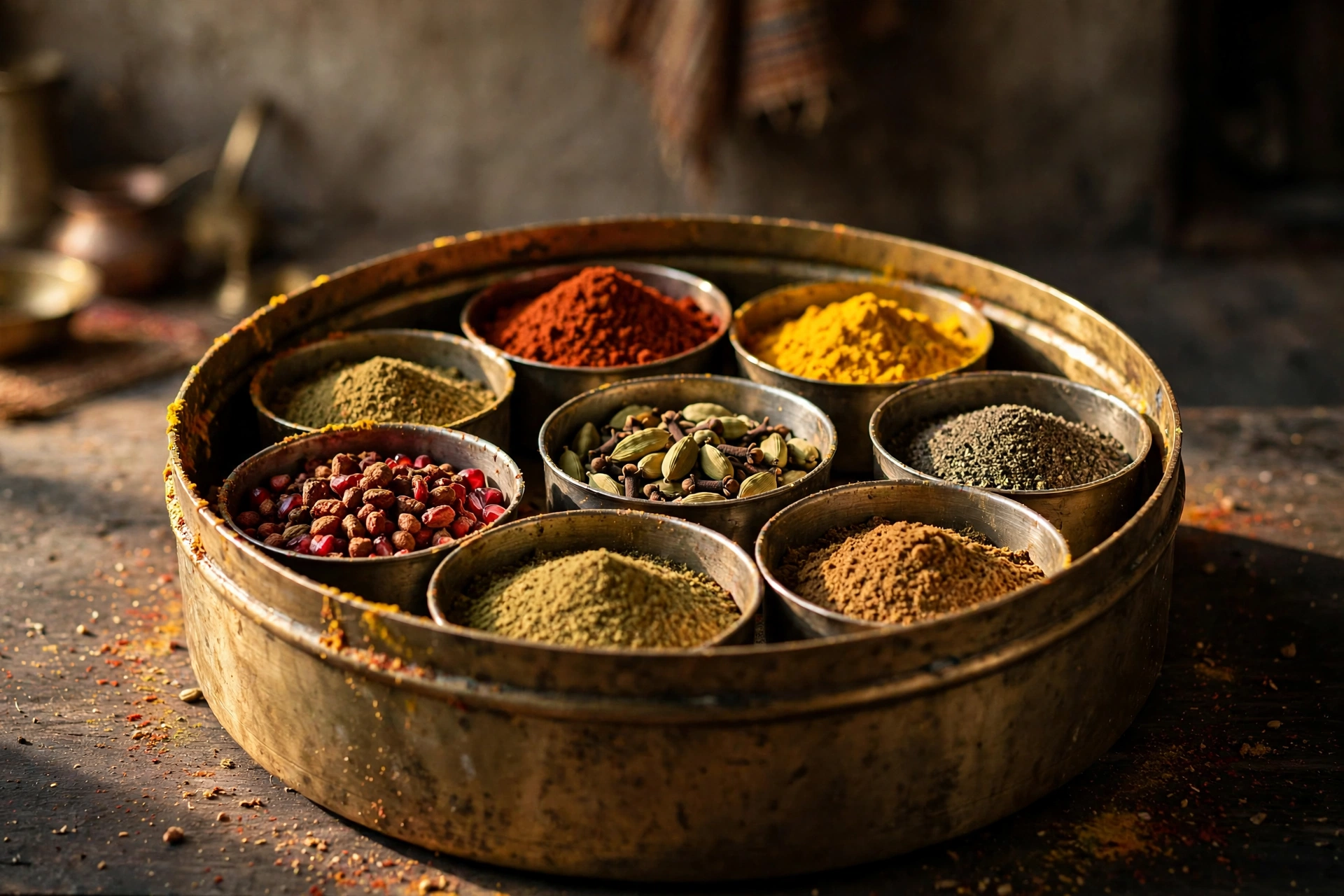 A brass masala dabba with the kitchen's ground spices and whole cardamom