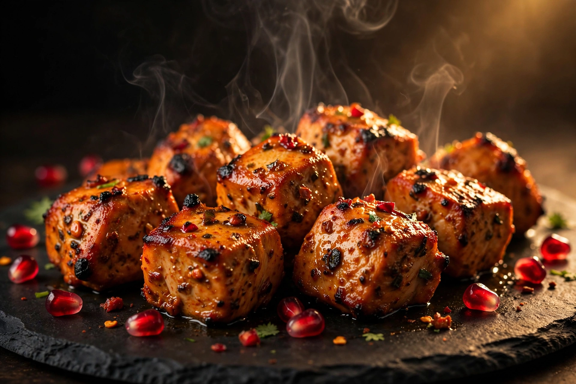 Allahabadi tikka — pomegranate-glazed chicken pieces steaming on a dark slate